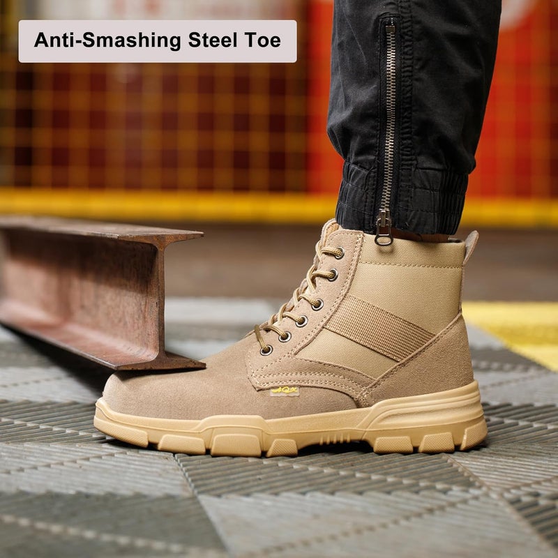 MOFEELE Store Steel Toe Boots for Men or Women, Slip Resistant Work Boots Steel Toe Shoes Indestructible Tactical Mid Top Safety Shoes for Warehouse Industry Construction - Khaki - Image 3